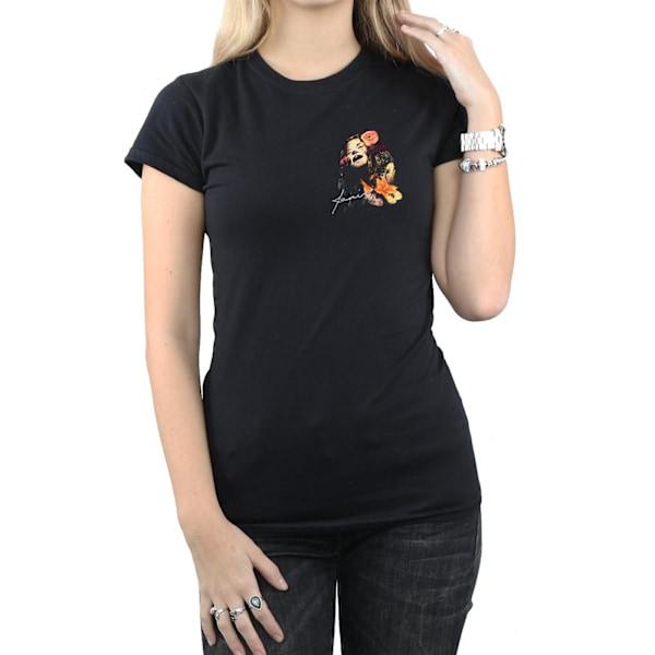 Janis Joplin Dam T-shirt i bomull med blommigt mönster och fickor i XL-storlek Black XL