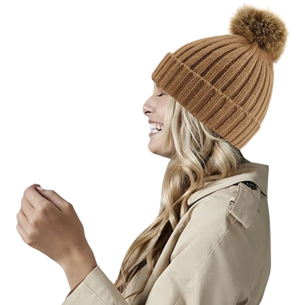 Beechfield Pom Pom Faux Fur Chunky Knit Beanie One Size Biscuit Biscuit One Size