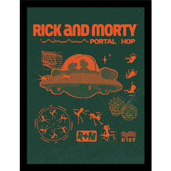 Rick And Morty Portal Hop Inramad Tryck 40cm x 30cm Grön/Orange Green/Orange 40cm x 30cm