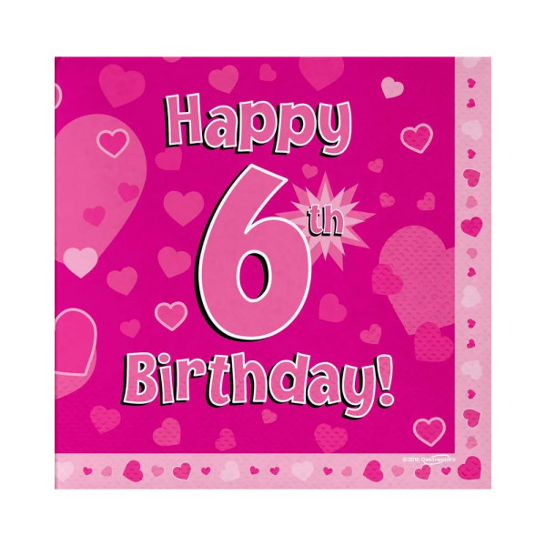 Oaktree Hearts 6th Birthday Engångsservetter (paket med 16) En Pink One Size