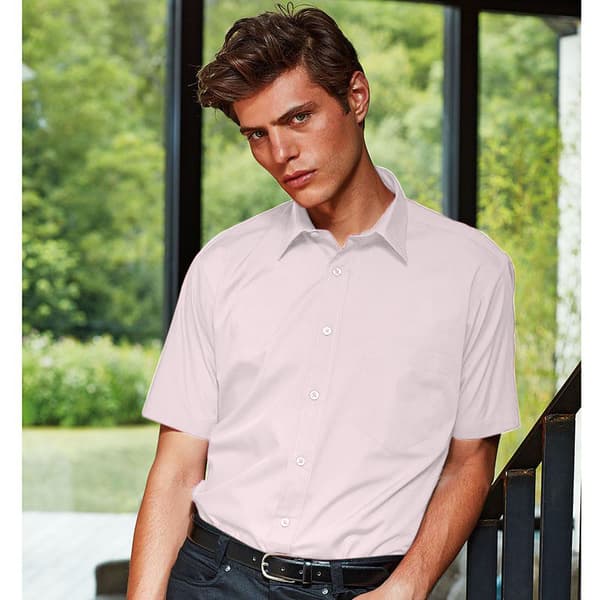 Premier Mens Short Sleeve Formal Poplin Plain Work Shirt 17.5 P Pink 17.5