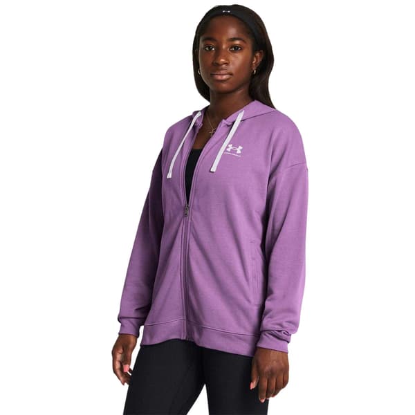 Under Armour Rival Terry Oversized Full Zip-huvtröja för dam Purple 4 UK - 6 UK