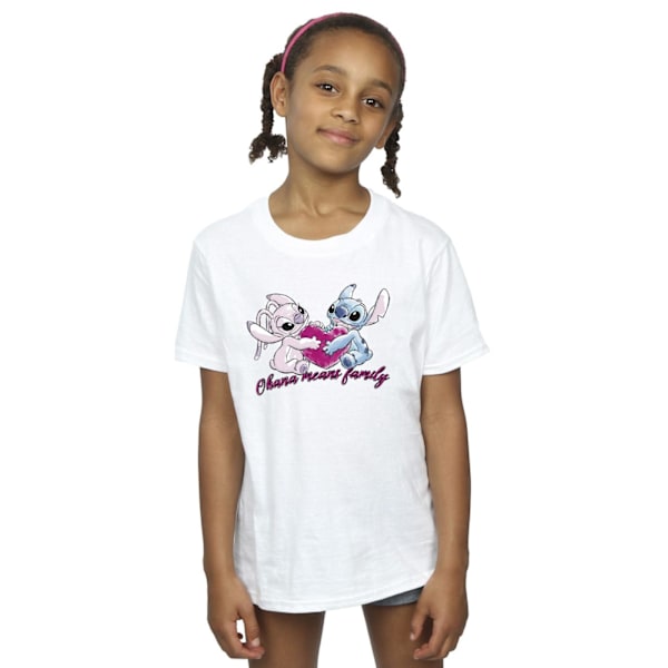 Disney Girls Lilo And Stitch Ohana Hjärta Med Angel Bomull T-shirt White 3-4 Years