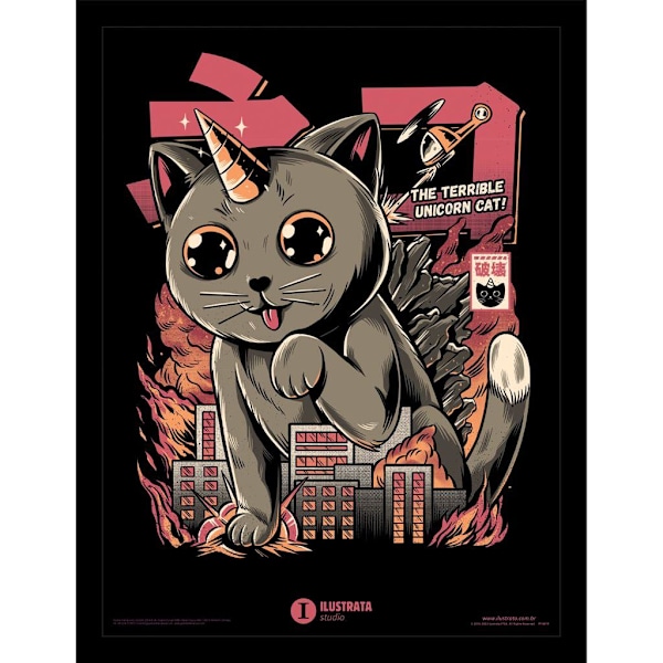 Ilustrata Catzilla inramad affisch 40cm x 30cm Svart/Grå/Rosa Black/Grey/Pink 40cm x 30cm