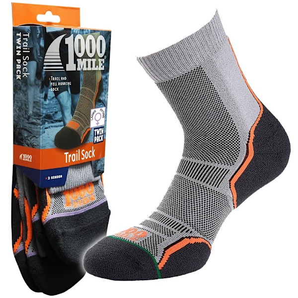 1000 Mile Womens/Ladies Trail Socks (2-pack) 3 UK-5 UK Grå/ Grey/Orange/Black 3 UK-5 UK