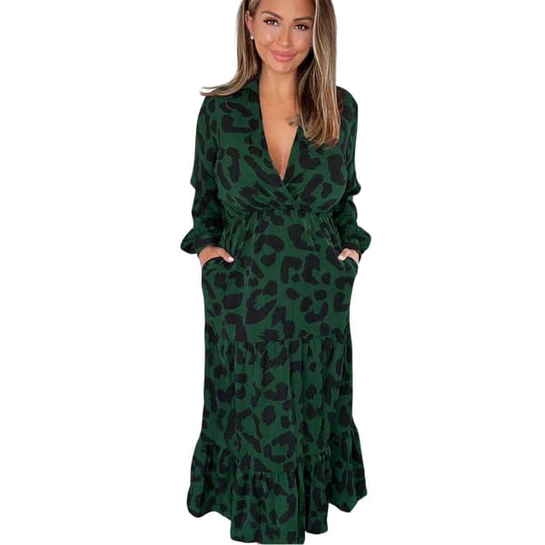 AX Paris Leopardmönstrad långärmad smockklänning för dam, storlek 36 (UK 8) Green 8 UK