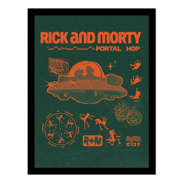 Rick And Morty Portal Hop Inramad Tryck 40cm x 30cm Grön/Orange Green/Orange 40cm x 30cm