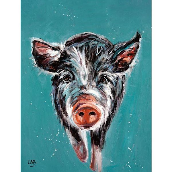 Louise Brown Piggy On The Run inramad duktryck 80cm x 60cm B Blue/Black/White 80cm x 60cm