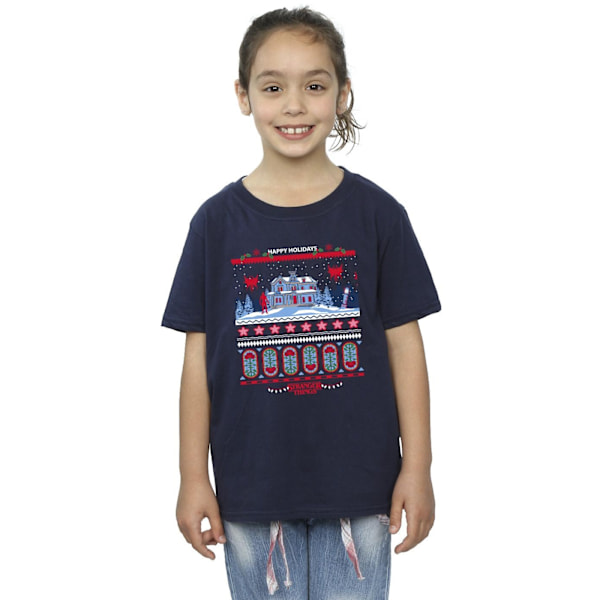 Netflix Girls Stranger Things Fair Isle Bomull T-shirt 12-13 År Navy Blue 12-13 Years