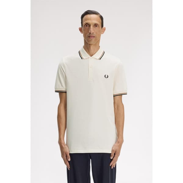 Fred Perry pikétröja med dubbla ränder för herrar L Ecru Ecru L