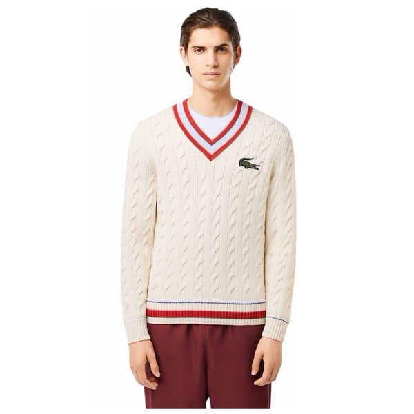 Lacoste Unisex Vuxen Kabelstickad Ribbad Mudd Normal Tröja Cream/Red XXS