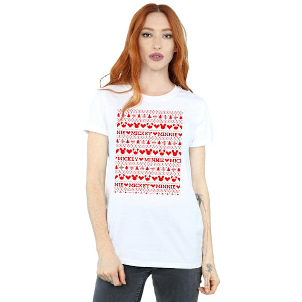 Disney Dam/Damer Mickey Och Minnie Jul Fair Isle Bomull Boyfriend T-Shirt White 3XL