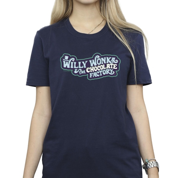 Willy Wonka Dam/Damer Chokladfabrik Logotyp Bomull Pojkvän Navy Blue L