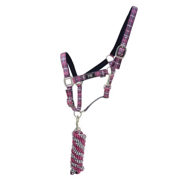 Hy Tartan Huvudlag med Ledrep Pony Raspberry/White/Navy Raspberry/White/Navy Pony