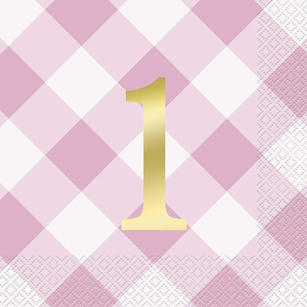 Unika festliga gingham-servetter för 1-årsdag (16-pack) En storlek Pink/White/Gold One Size