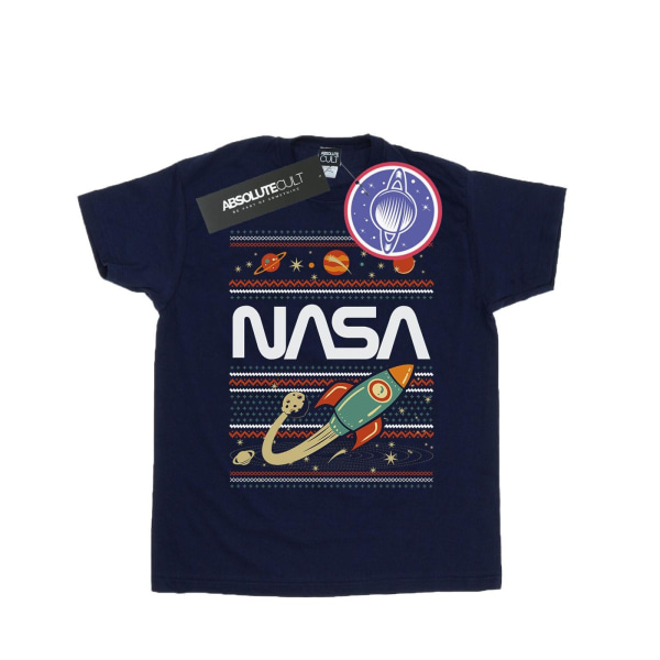 NASA Dam/Kvinnor Fair Isle Bomull Boyfriend T-Shirt L Marin Blå Navy Blue L