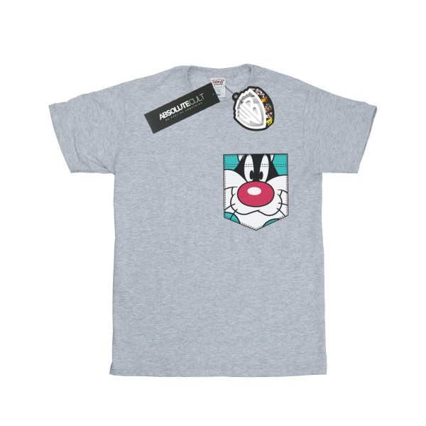 Looney Tunes Girls Sylvester Face T-shirt i falsk bomullsficka 12 Sports Grey 12-13 Years