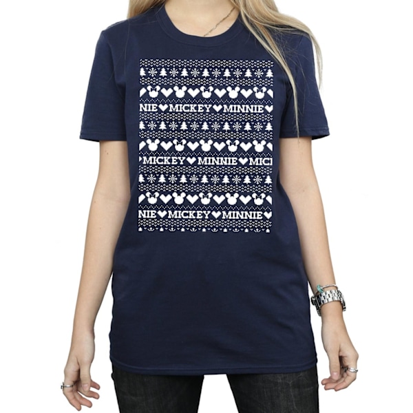 Disney Dam/Kvinnor Mickey Och Minnie Jul Fair Isle Bomull Boyfriend T-Shirt Navy Blue M