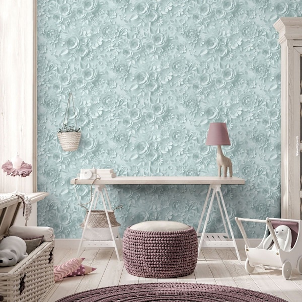 Muriva My Kingdom Flowers Textured Wallpaper 10m x 53cm Duck Egg Duck Egg 10m x 53cm