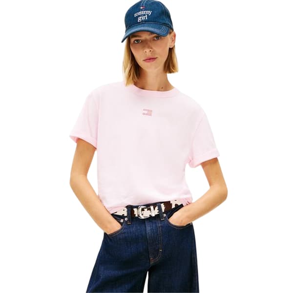 Tommy Jeans Dam Broderad Logotyp Bomull Croppad T-shirt Light Pink 14 UK