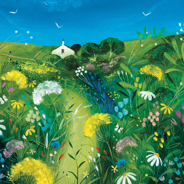 Julia Crossland Meadow Cottage inramad duktryck 40 cm x 40 cm Green/Blue/White 40cm x 40cm