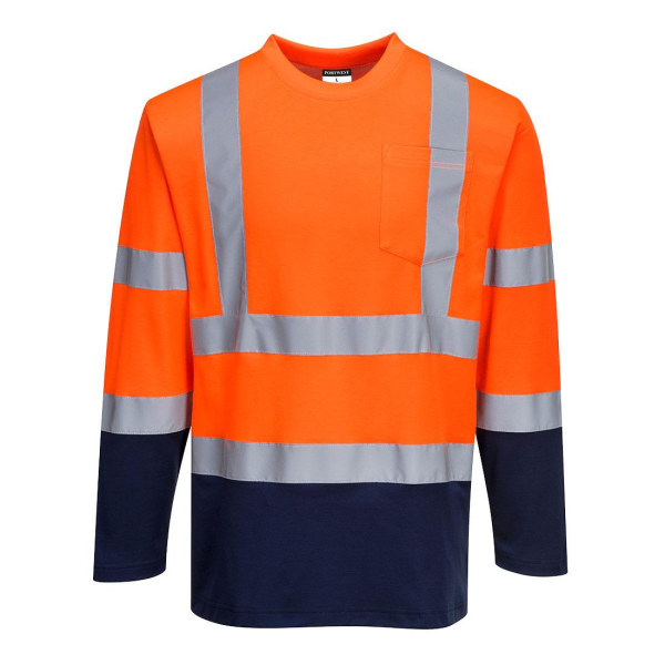 Portwest Herr Kontrast Bomull Hög Synlighet Komfort Långärmad T-shirt Orange/Navy L