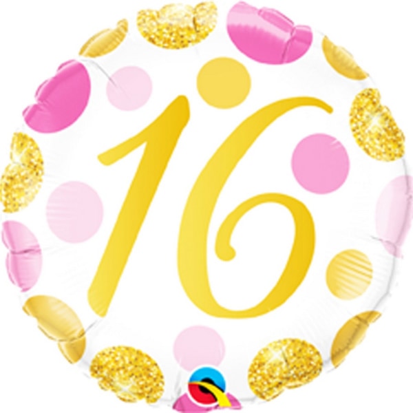 Qualatex 18 tums födelsedagsålder Prickar Rund Folieballong 16 Rosa/W Pink/White/Gold 16