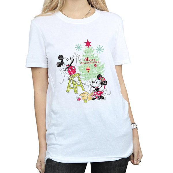 Disney Dam/Damer Mickey Och Minnie Julgran Bomull Boyfriend T-Shirt White M