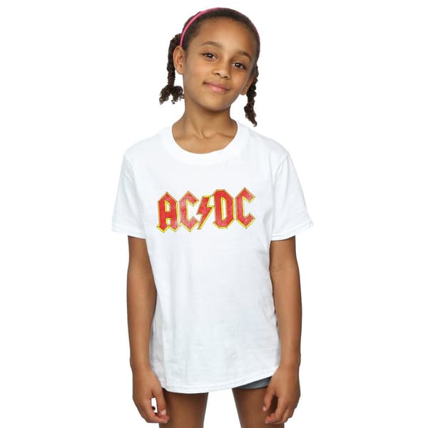 AC/DC Flickig T-shirt med sliten logotyp i bomull 9-11 år Vit White 9-11 Years