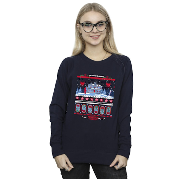 Netflix Dam/Kvinnor Stranger Things Fair Isle Sweatshirt 3XL Navy Blue 3XL