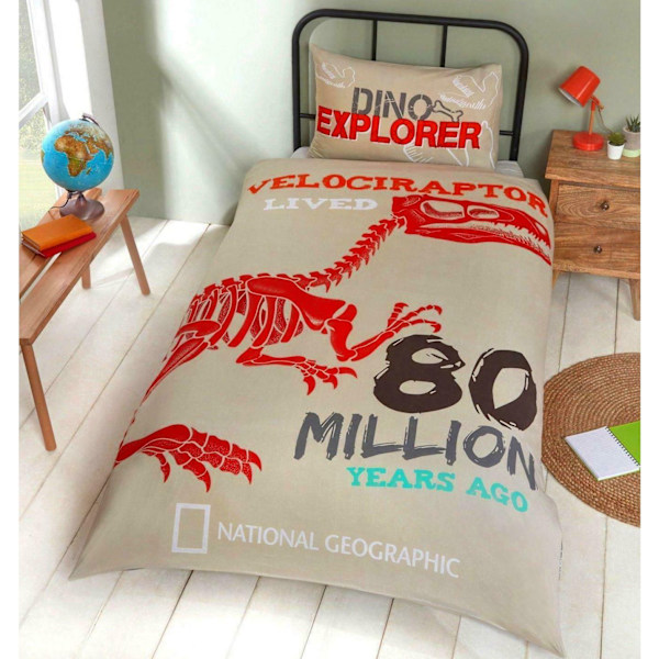 National Geographic Dino Explorer Velociraptor Påslakan Set Enkelsäng Beige/Red Single