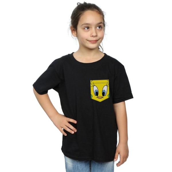 Looney Tunes Girls Tweety Pie Face Faux Pocket T-shirt i bomull 5 Black 5-6 Years