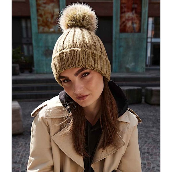 Beechfield Unisex Fur Pop Pom Chunky Beanie One Size Biscuit Be Biscuit Beige One Size