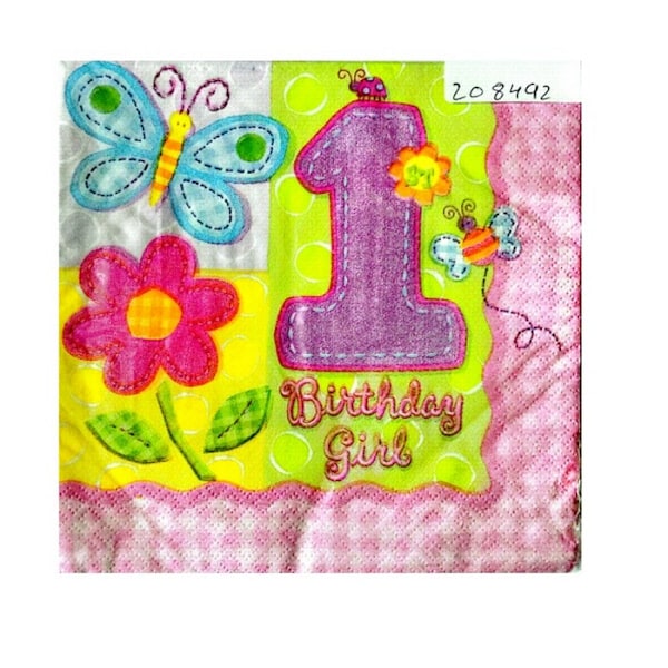 Amscan Hugs And Stitches Flicka 1:a Födelsedagsservetter (16-pack) Multicoloured One Size