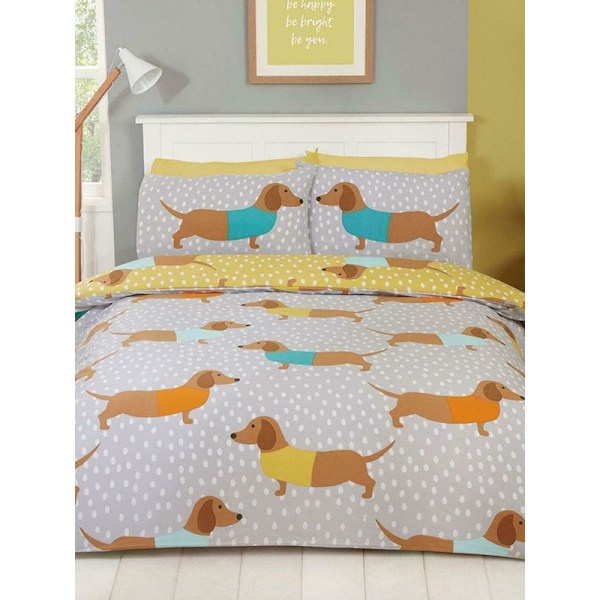 Rapport Dolly Dachshund Påslakan Set Enkelsäng Gul/Grå Yellow/Grey Single