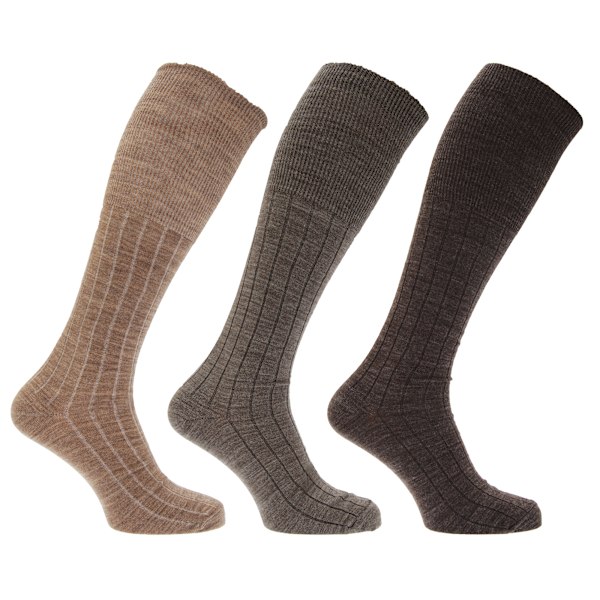 Herr Ribbade Lammullsblandade Sockar i Lång Längd (3-pack) UK 6- Brown Assorted UK 6-11 EURO 39-45