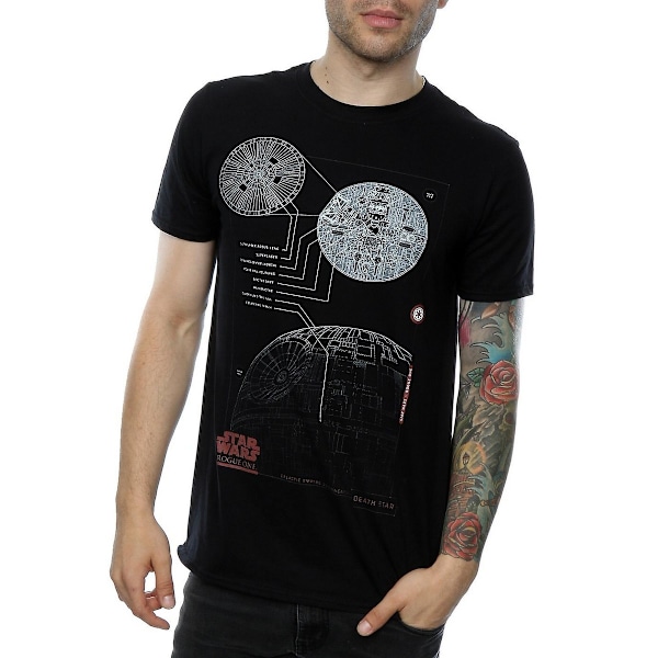 Star Wars: Rogue One T-shirt i bomull med Death Star-planer, storlek L, svart Black L