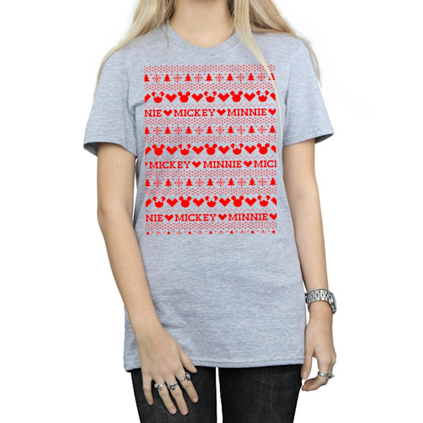 Disney Dam/Kvinnor Mickey Och Minnie Jul Fair Isle Bomull Boyfriend T-Shirt Sports Grey S
