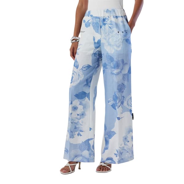 Off-White Dam/Dam Stickade Pull-On Byxor med vida ben 4 UK White/Blue 4 UK