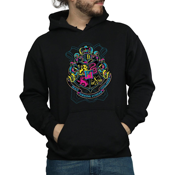 Harry Potter Neon Hogwarts Crest Hoodie XL Svart Black XL