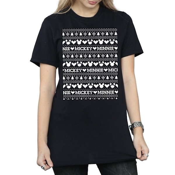 Disney Dam/Kvinnor Mickey Och Minnie Jul Fair Isle Bomull Boyfriend T-Shirt Black M