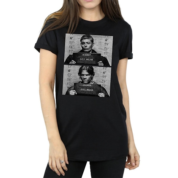 Supernatural Dam/Kvinna Winchester Mugshot Bomulls Boyfriend T-shirt Black XL