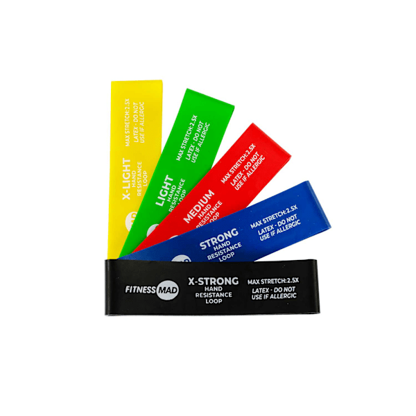Fitness Mad Hand Resistance Band (5-pack) 9cm x 2cm Gul/G Yellow/Green/Red/Blue/Black 9cm x 2cm