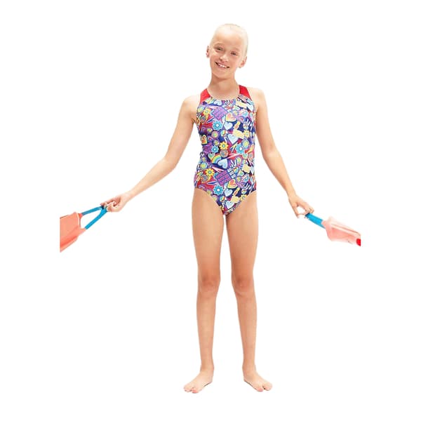 Speedo Digital Splashback baddräkt för flickor 13-14 år True Navy/Red/Blue Flame/Rose Viole 13-14 Years