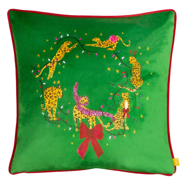 Furn Purrfect Velvet Leaping Leopards Cover 43cm x 43cm Green/Gold/Red 43cm x 43cm