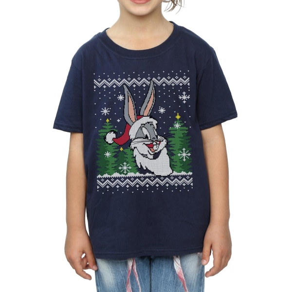 Looney Tunes Girls Bugs Bunny Christmas Fair Isle Cotton T-Shir Navy Blue 12-13 Years
