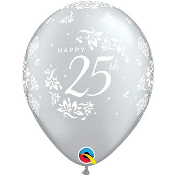 Qualatex 25-årsjubileumsballonger i latex med damastmönster (6-pack) Silver One Size