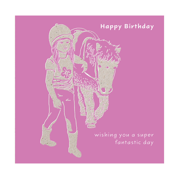 Deckled Edge Colour Block Pony Gratulationskort En Storlek Happy Bi Happy Birthday - Girl with Pony (Li One Size