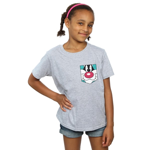 Looney Tunes Girls Sylvester Face Faux Pocket Cotton T-Shirt 12 Sports Grey 12-13 Years