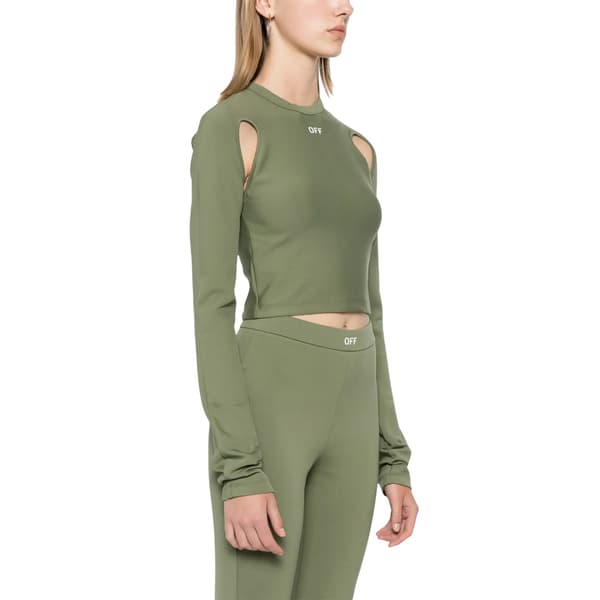 Off White Dam/Dam Mock Neck Slim Cold Shoulder Crop Top 6 Olive 6 UK
